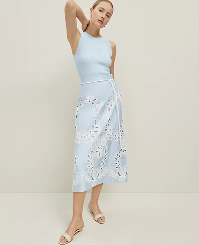 Ann Taylor Embroidered Tea Length Skirt Size 2 Zephyr Blue Women's