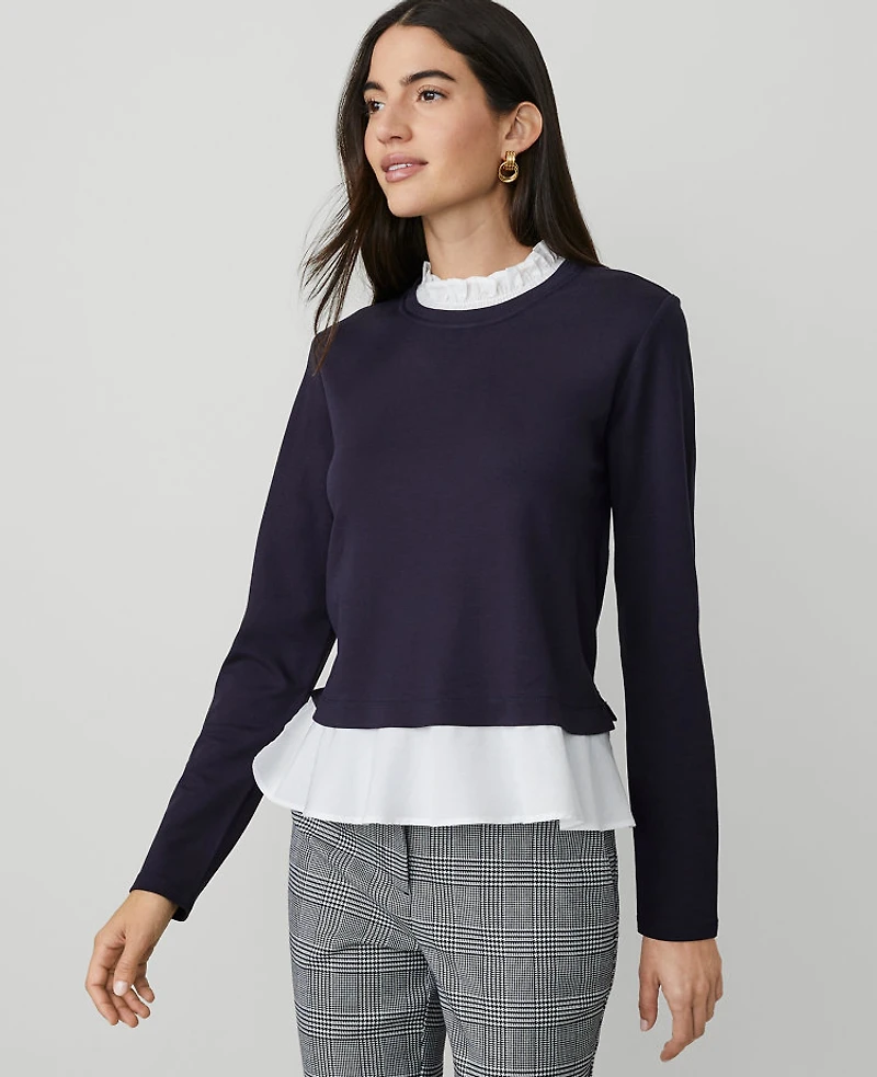 Ann Taylor Petite Ponte Mixed-Media Top Size 2XS Night Sky Women's