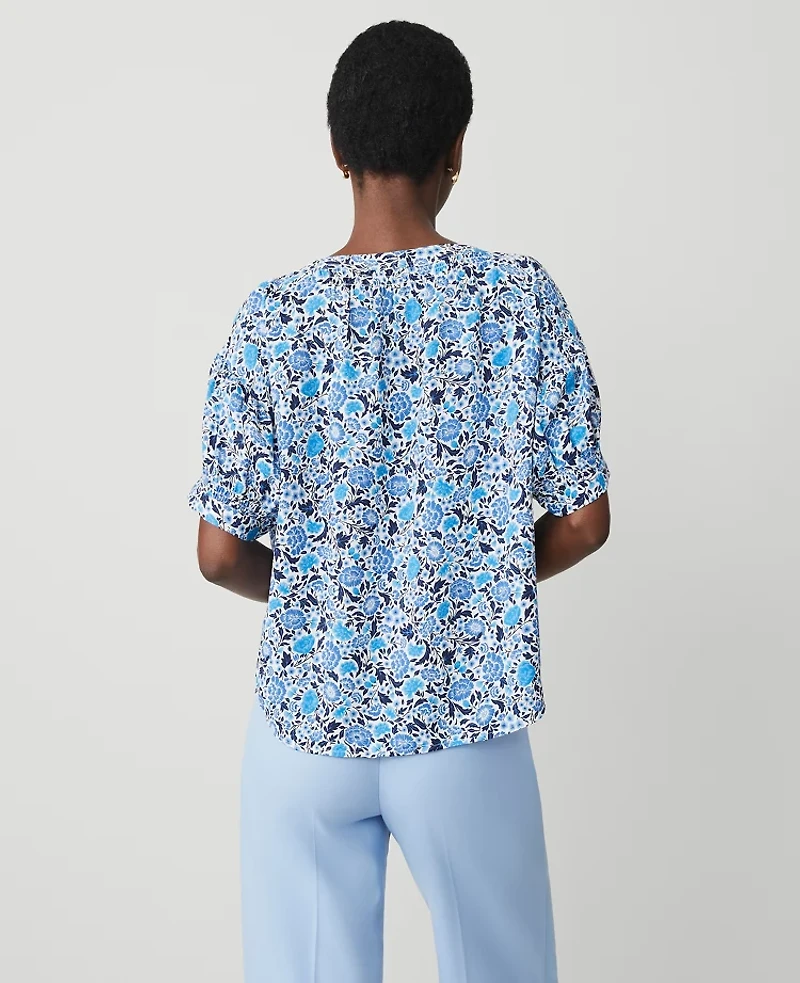 Ann Taylor Floral Silky Puff Sleeve Blouse Winter White Women's