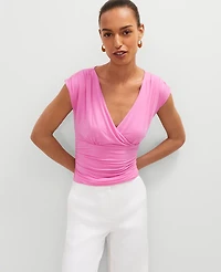 Ann Taylor Gathered V-Neck Top Size Small Pink Orchid Women's