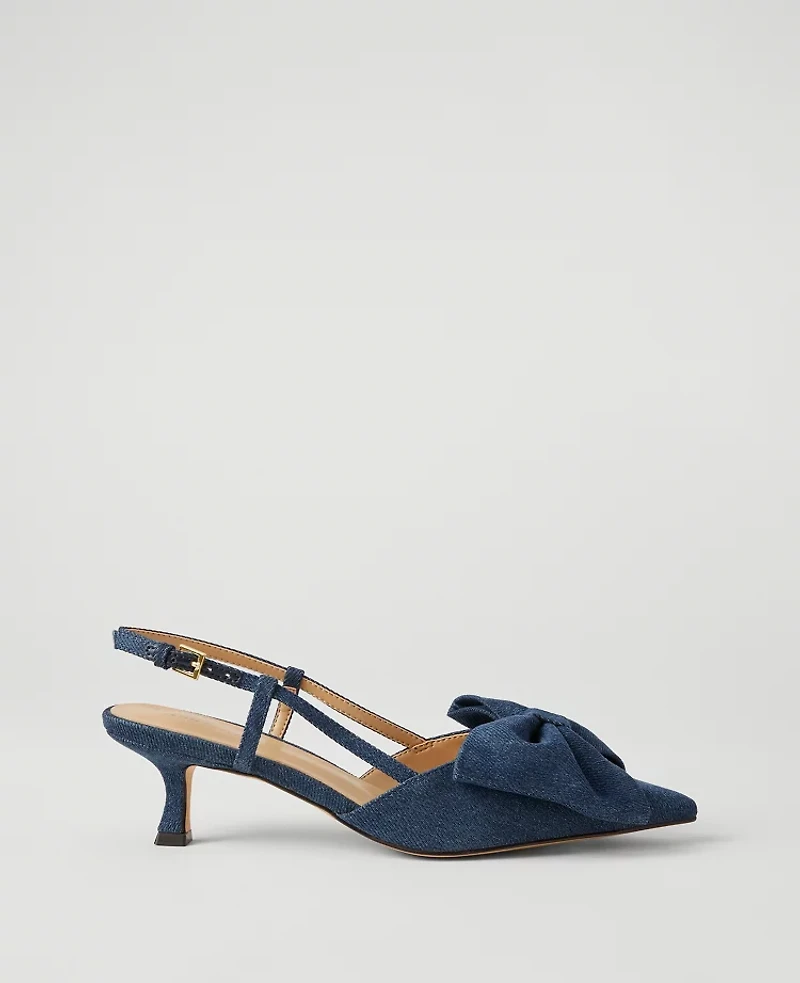 Ann Taylor Denim Bow Slingback Kitten Heel Pumps Dark Blue Women's