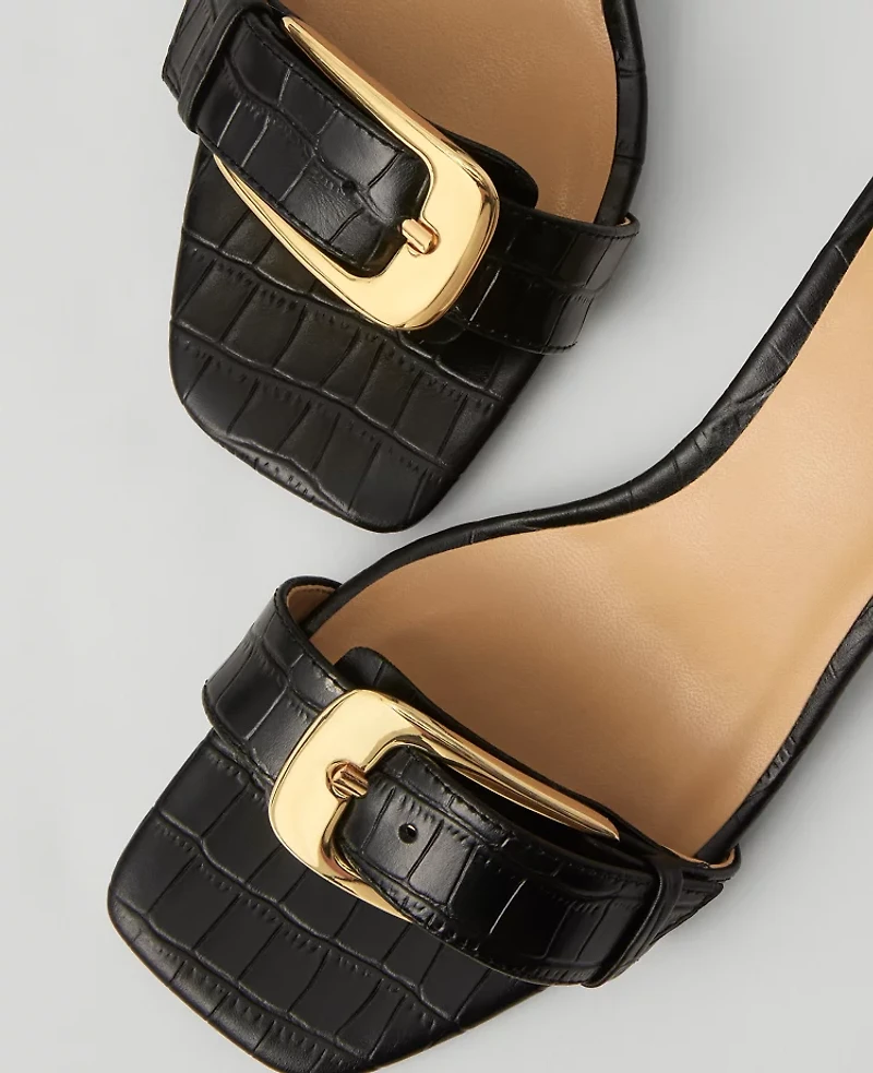 Ann Taylor Chunky Buckle Embossed Kitten Heel Sandals Black Women's
