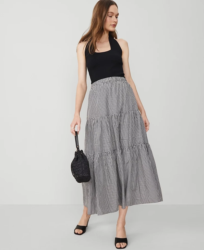 Ann Taylor Gingham Taffeta Tiered Skirt Checkered Black And White Women's