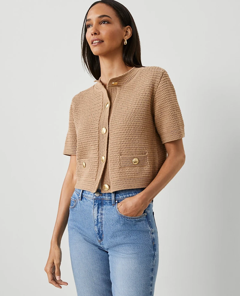 Ann Taylor Textured Sweater Jacket Size Medium Cappuccino Tan Women's