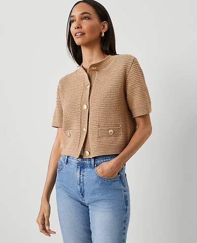 Ann Taylor Textured Sweater Jacket Size Medium Cappuccino Tan Women's