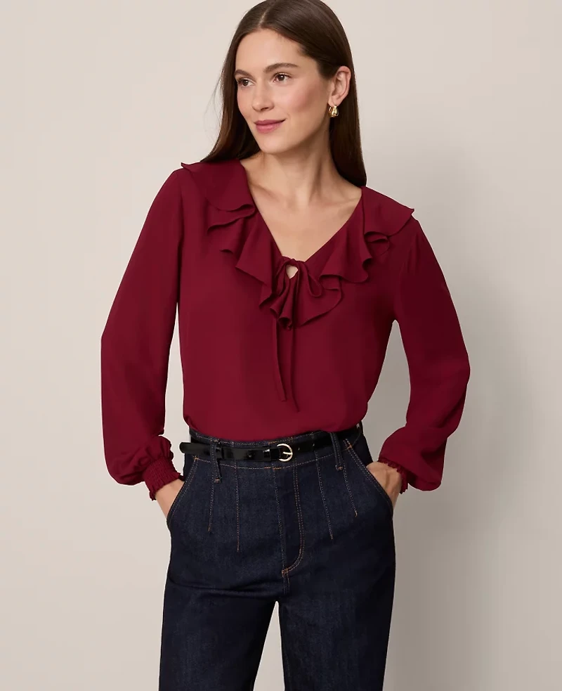 Ann Taylor Tie Neck Ruffle Blouse Women's