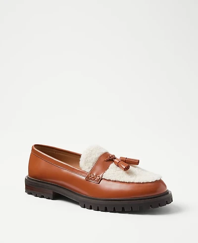 Ann Taylor Shearling Leather Tassel Loafers Size 5 Caramel Women's