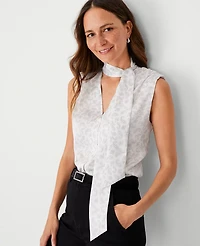 Ann Taylor Paisley Shirred Shoulder Tie Neck Top Size XL Winter White-Putty Blue Women's