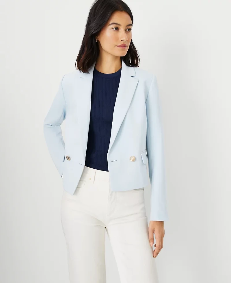 Ann Taylor Cropped Double Breasted Blazer in Crepe Size 4 Cafe Blue Women's