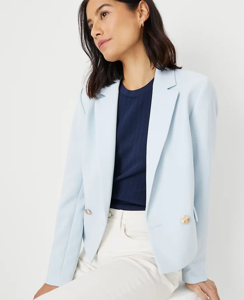 Ann Taylor Cropped Double Breasted Blazer in Crepe Size 4 Cafe Blue Women's