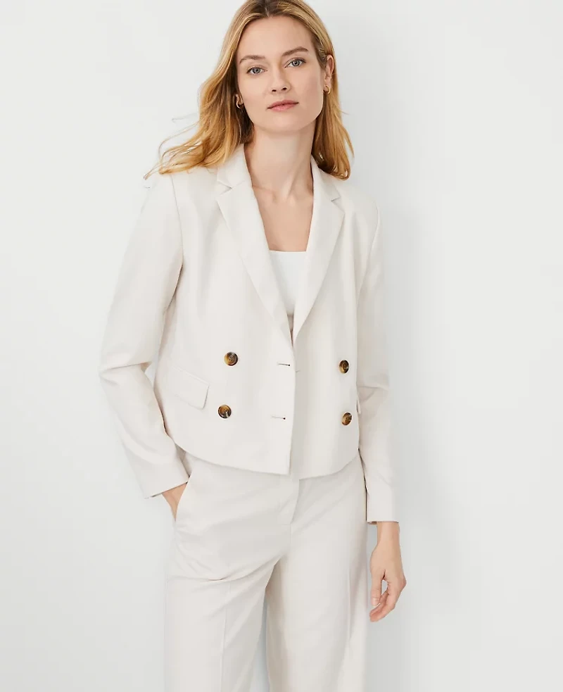 Ann Taylor The Tall Cropped Double Breasted Blazer Textured Stretch Bleached Almond Women's