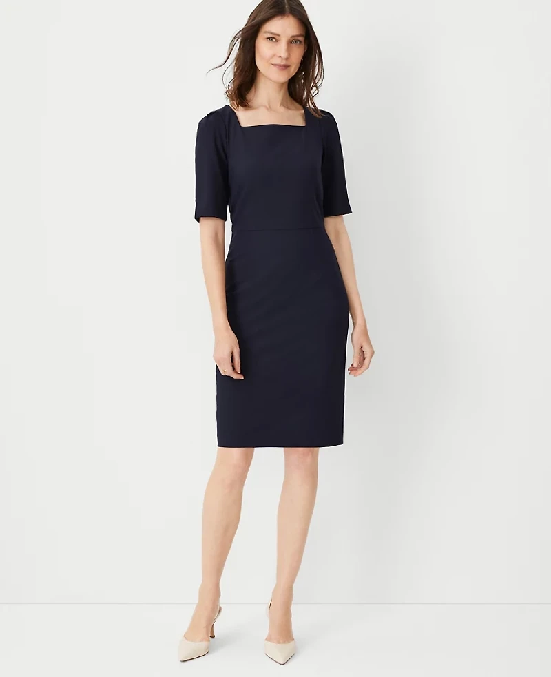 Ann Taylor The Elbow Sleeve Square Neck Dress Seasonless Stretch