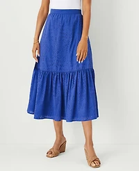 Ann Taylor Petite Eyelet Gathered Flounce Midi Skirt Size 00 Dazzling Blue Women's