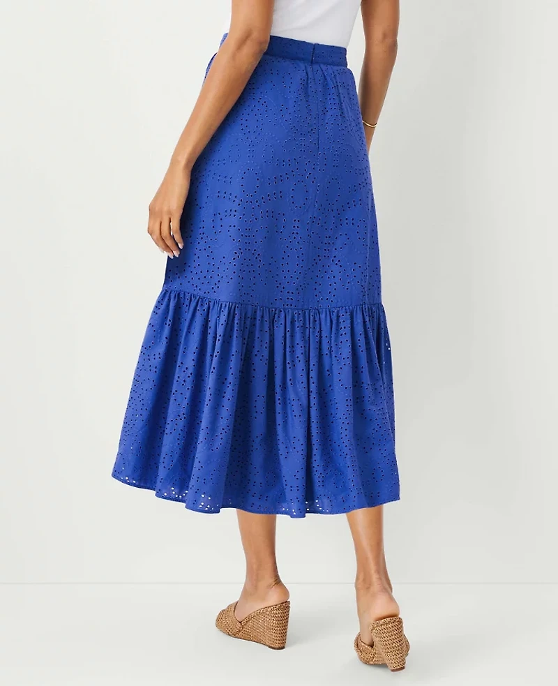 Ann Taylor Petite Eyelet Gathered Flounce Midi Skirt Size 00 Dazzling Blue Women's