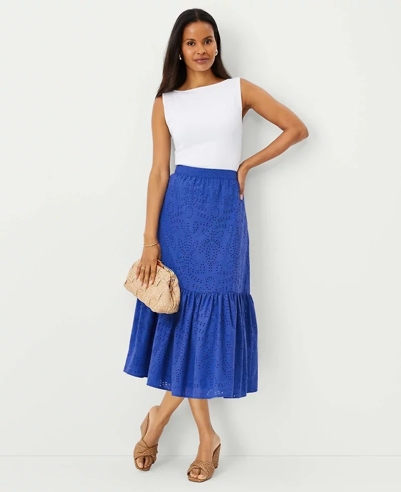 Ann Taylor Petite Eyelet Gathered Flounce Midi Skirt Size 00 Dazzling Blue Women's