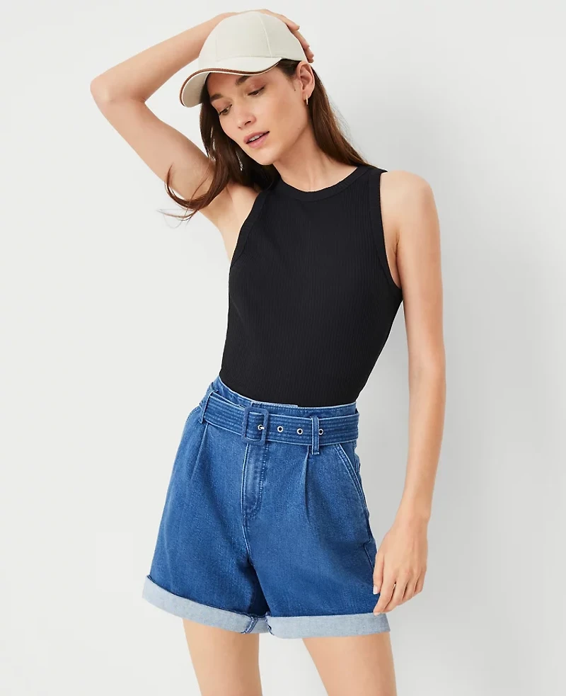 Ann Taylor Petite Belted Denim Shorts Size 16 Bright Medium Stone Wash Women's