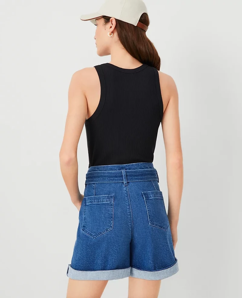 Ann Taylor Petite Belted Denim Shorts Size 16 Bright Medium Stone Wash Women's