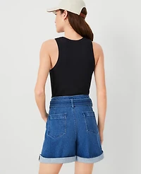 Ann Taylor Petite Belted Denim Shorts Size 16 Bright Medium Stone Wash Women's