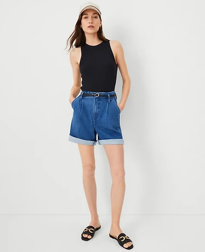 Ann Taylor Petite Belted Denim Shorts Size 16 Bright Medium Stone Wash Women's