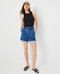 Ann Taylor Petite Belted Denim Shorts Size 16 Bright Medium Stone Wash Women's