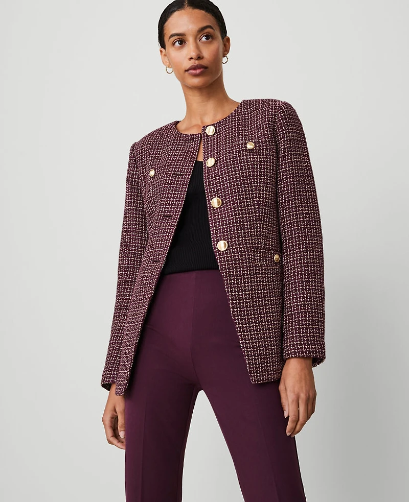 Ann Taylor Tweed Split Hem Jacket Size 12 Burgundy Combo Women's