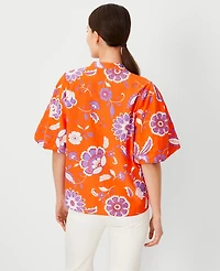 Ann Taylor Petite Floral Cotton Blend Pleated Sleeve Popover Top Size 2XS Flame Azalea Women's