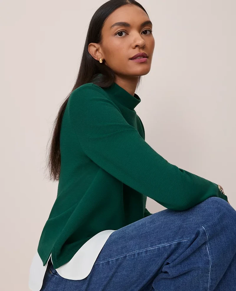 Ann Taylor Mixed Media Mock Neck Top Women's
