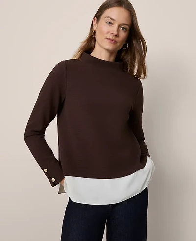 Ann Taylor Mixed Media Mock Neck Top Women's