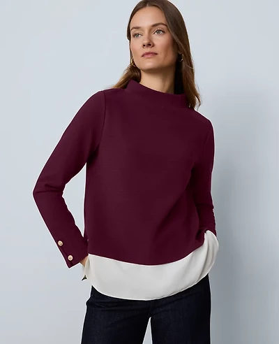 Ann Taylor Mixed Media Mock Neck Top Poised Plum Women's