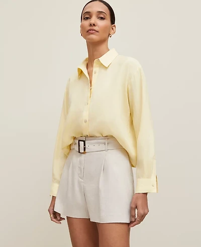 Ann Taylor Petite Cropped Linen Shirt Size Large Yellow Buttercream Women's