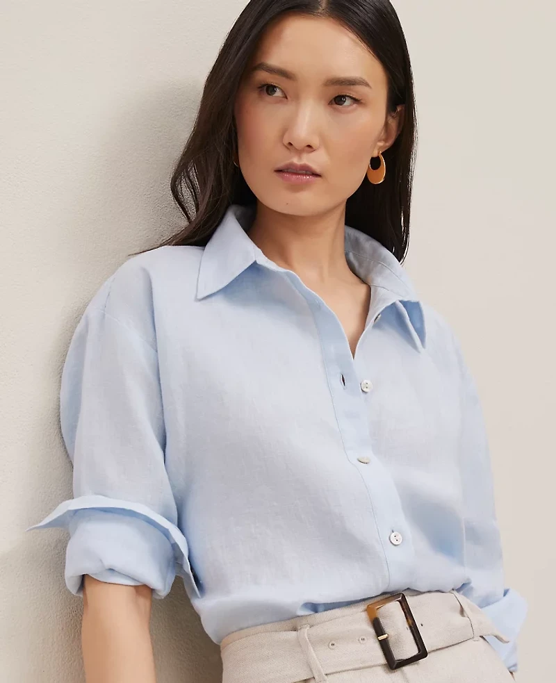 Ann Taylor Petite Cropped Linen Shirt Size Large Zephyr Blue Women's