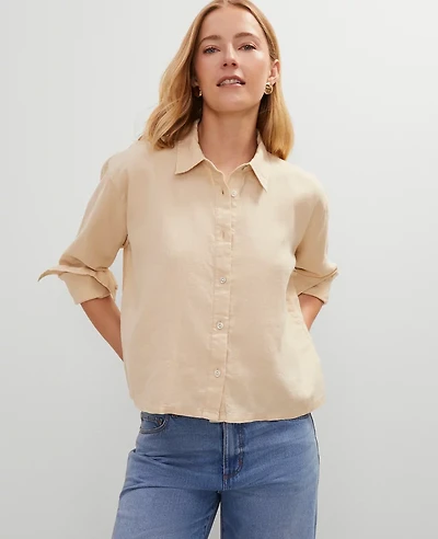 Ann Taylor Petite Cropped Linen Shirt Size Medium Sands Edge Women's