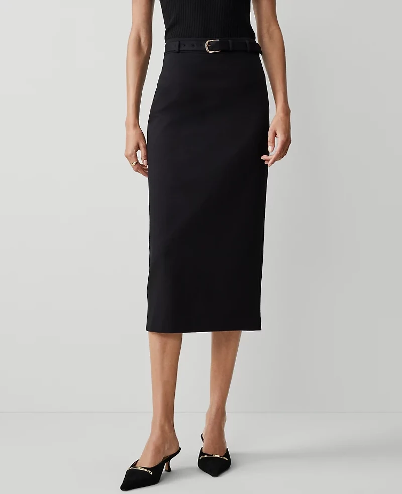 Ann Taylor Ponte Belted Midi Pencil Skirt Black Women's