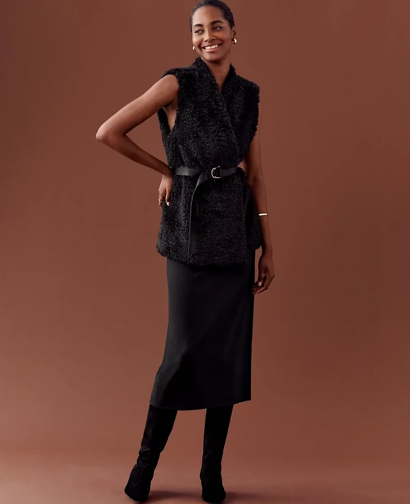 Ann Taylor Ponte Belted Midi Pencil Skirt Black Women's