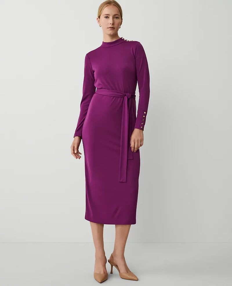 Ann Taylor Mock Neck Belted Column Knit Midi Dress Size 2 Pulsar Purple Women's