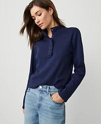 Ann Taylor Ruffle Trim Popover Top Size Large Pure Sapphire Women's