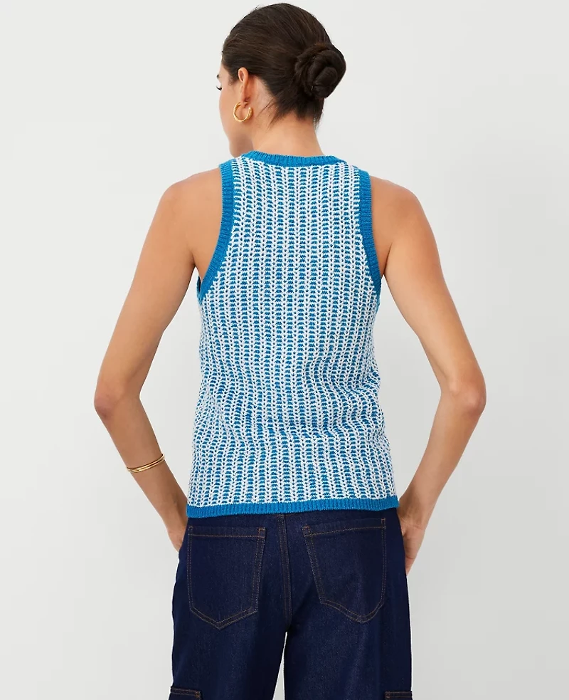 Ann Taylor Petite Two Tone Stitched Racerback Shell Top Size Large Blue/White Combo Women's