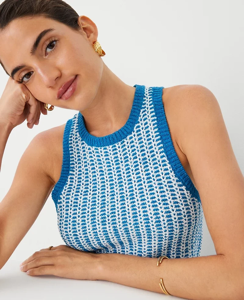 Ann Taylor Petite Two Tone Stitched Racerback Shell Top Size Large Blue/White Combo Women's