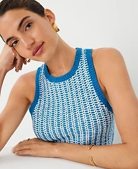 Ann Taylor Petite Two Tone Stitched Racerback Shell Top Size Large Blue/White Combo Women's