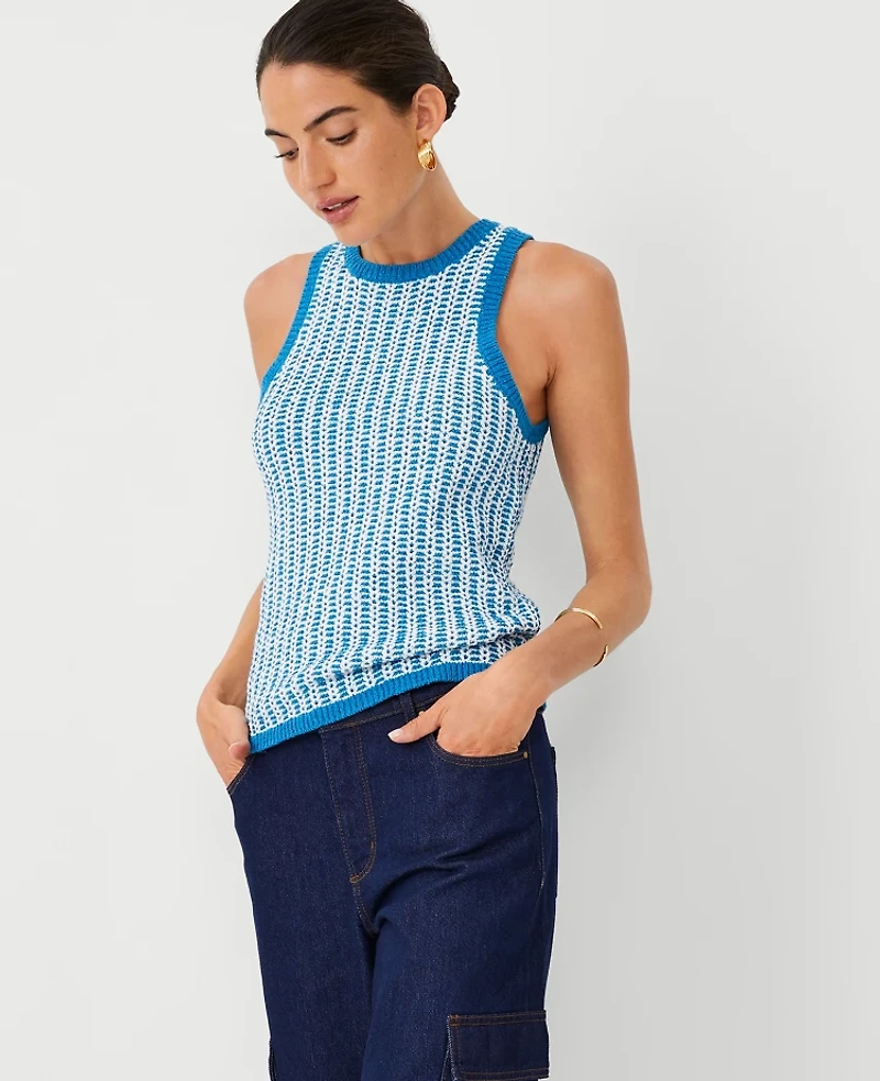 Ann Taylor Petite Two Tone Stitched Racerback Shell Top Size Large Blue/White Combo Women's