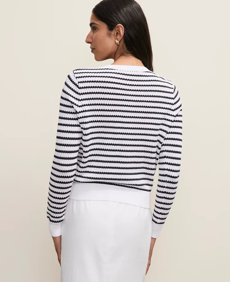 Ann Taylor Textured Stitch Striped Cardigan White/Navy Women's