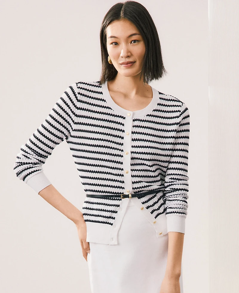 Ann Taylor Textured Stitch Striped Cardigan White/Navy Women's