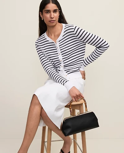 Ann Taylor Textured Stitch Striped Cardigan White/Navy Women's
