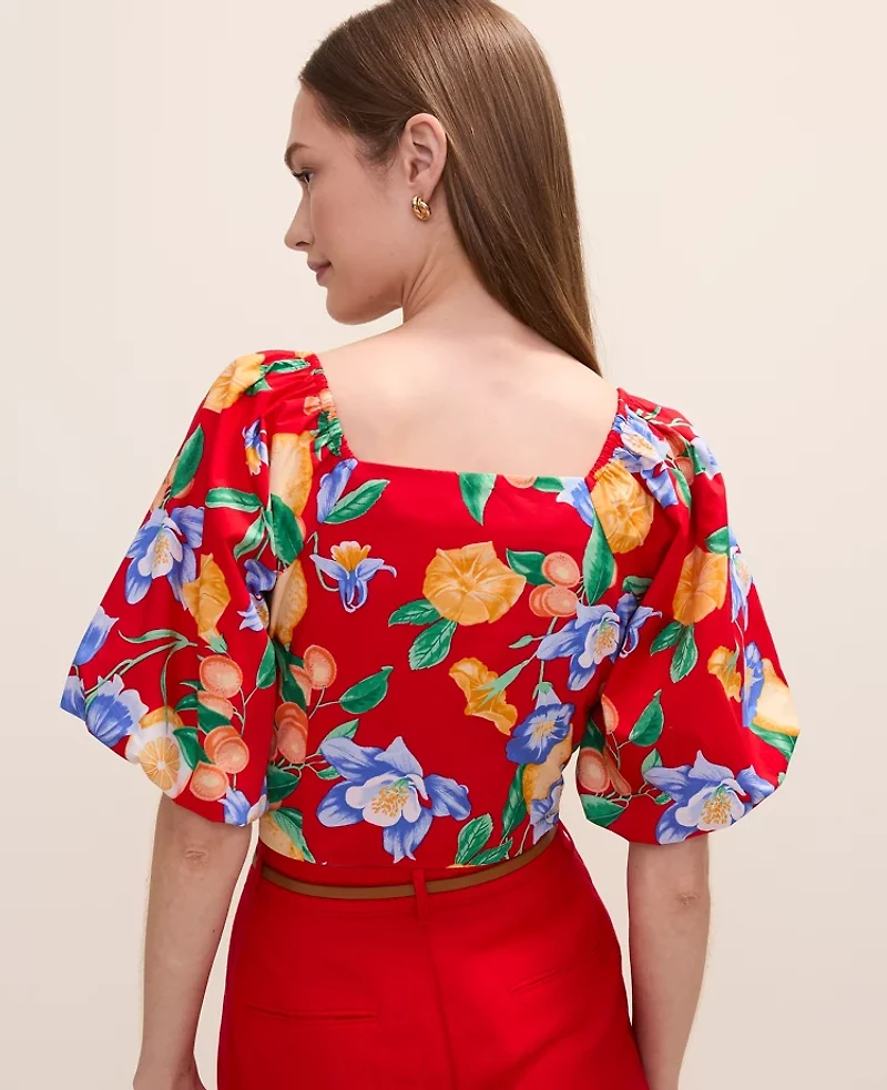 Ann Taylor Floral Puff Sleeve Blouse Bright Cherry Women's