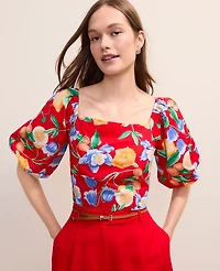 Ann Taylor Floral Puff Sleeve Blouse Bright Cherry Women's