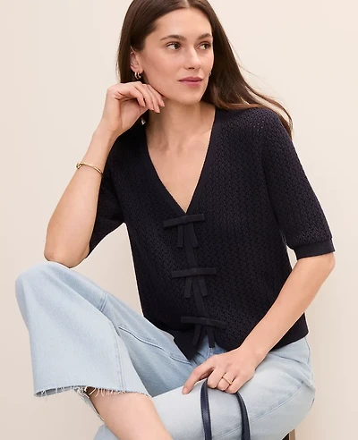 Ann Taylor Textured Stitch Bow Cardigan Women's