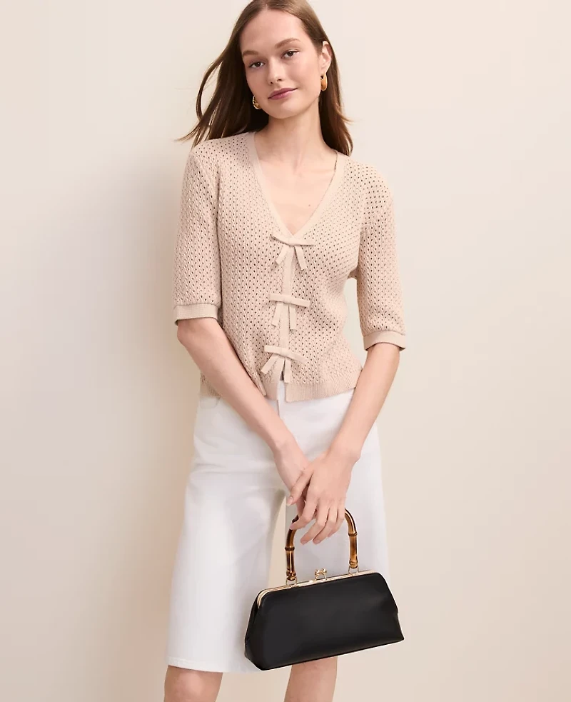 Ann Taylor Textured Stitch Bow Cardigan Women's