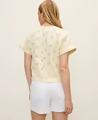 Ann Taylor Weekend Eyelet Crew Neck Top Size XS Yellow Pavlova Women's
