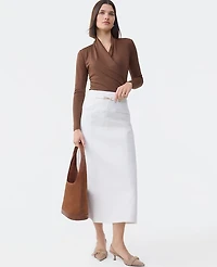 Ann Taylor Petite Horsebit Denim Midi Skirt Ivory Women's