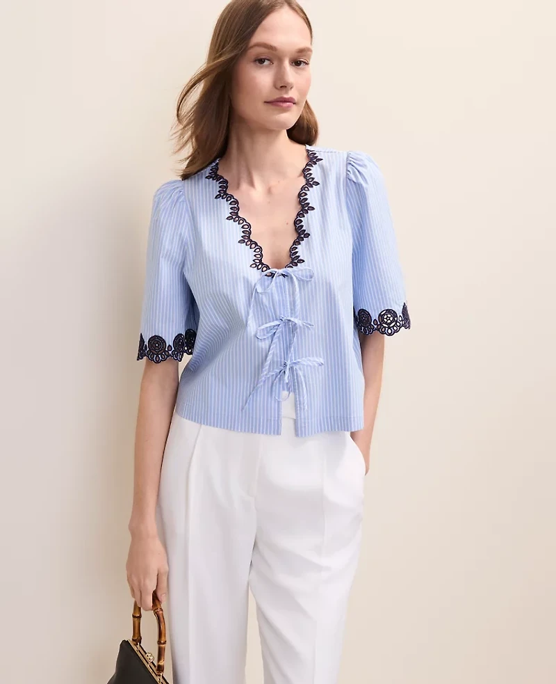 Ann Taylor Striped Strapless Top Linen Blend Vista Blue Women's